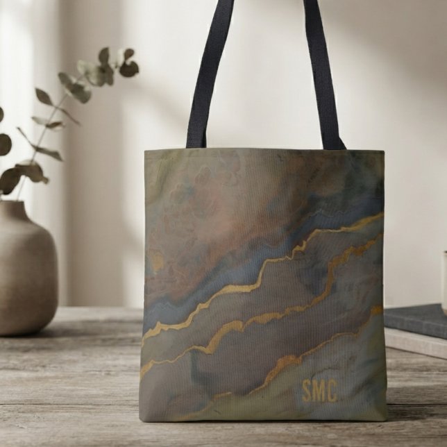 Tote Bag Monogramme Moderne en Bronze et Ardoise Abstraite (Refined abstract monogram tote bag for the stylish professional commuter upgrading daily wear.)