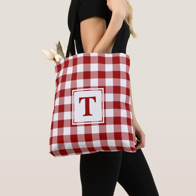 Tote Bag Monogramme moderne En vichy rouge et blanc Motif (De près)