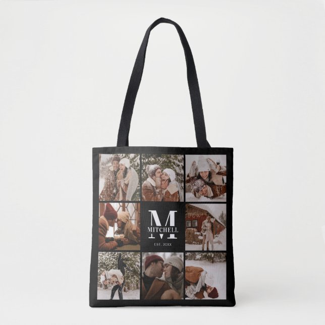 Tote Bag Monogramme moderne et collage photo personnalisé (Devant)