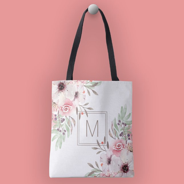 Tote Bag Monogramme Moderne Fleurs Aquarelle Rose (Créateur téléchargé)