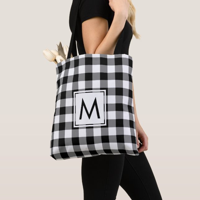 Tote Bag Monogramme moderne noir et blanc En vichy Motif (De près)