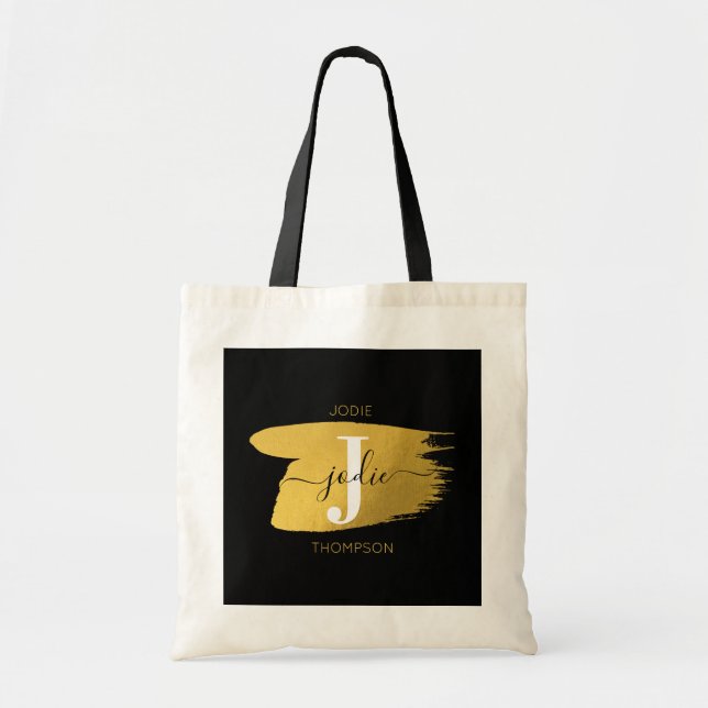 Tote Bag Monogramme moderne noir et or (Devant)