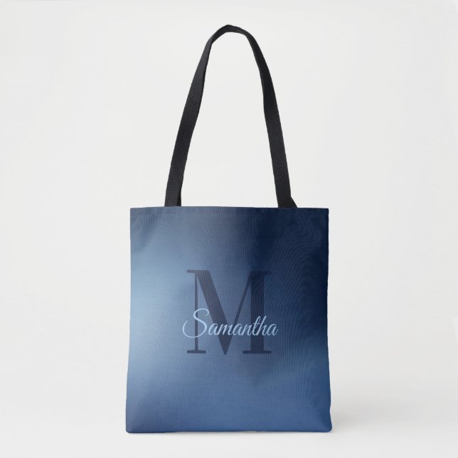 Tote Bag Monogramme moderne Nom bleu Ombre (Devant)