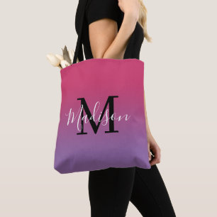 Tote Bag Monogramme moderne Nom Pink to Purple Gradient