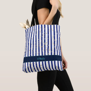 Tote Bag Monogramme Moderne Rayures Bleues et Blanches