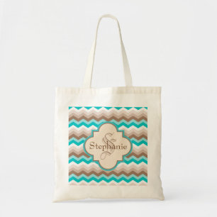 Tote Bag Monogramme moderne Turquoise Brown Chevron
