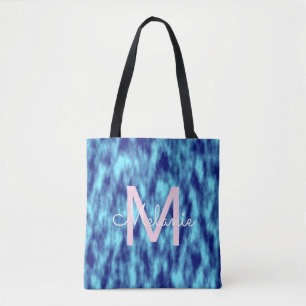 Tote Bag Monogramme moderne turquoise du nom du teint bleu