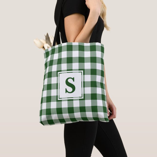 Tote Bag Monogramme moderne vert et blanc En vichy Motif (De près)