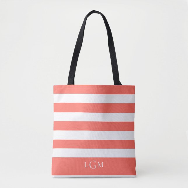 Tote Bag Monogramme Motif à rayures de corail tropicale ten (Devant)