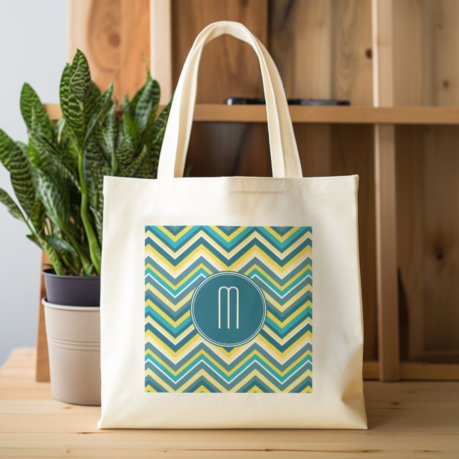 Tote Bag Monogramme Motif Chevron turquoise et jaune (Personalized tote bag with custom text)