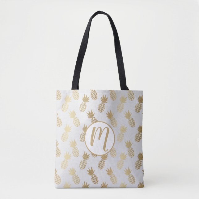 Tote Bag Monogramme Motif d'ananas d'or (Devant)