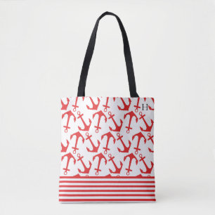 Tote Bag Monogramme motif d'ancre rouge Chic Coastal
