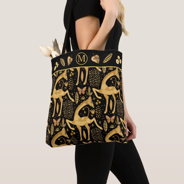 Tote Bag Monogramme Motif de la Giraffe d'or noir (De près)