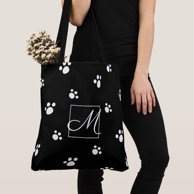 Tote Bag Monogramme Motif de pattes d'animaux mignons noir  (De près)