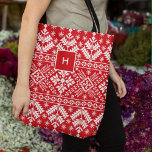 Tote Bag Monogramme Motif de Sweat Nordic<br><div class="desc">Imprimé Festive Allover fourre-tout dispose d'un motif de pull d'inspiration nordique en rouge et blanc de vacances,  avec votre seul monogramme initial près du sommet.</div>