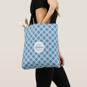 Tote Bag Monogramme motif de tartan bleu clair tendance
