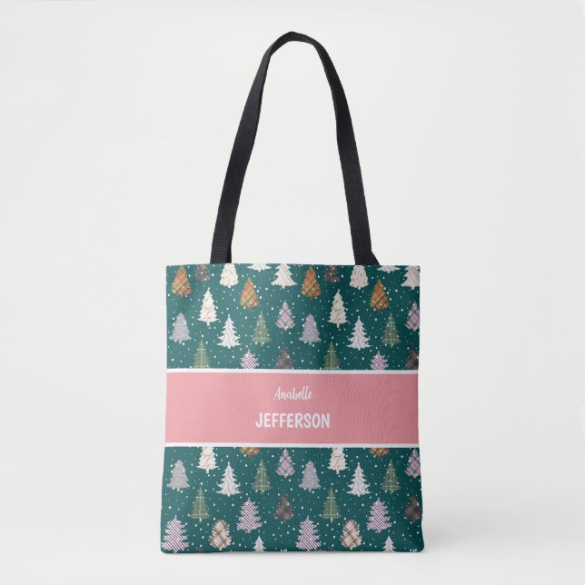 Tote Bag Monogramme motif des arbres de Noël à motif plaid (Devant)
