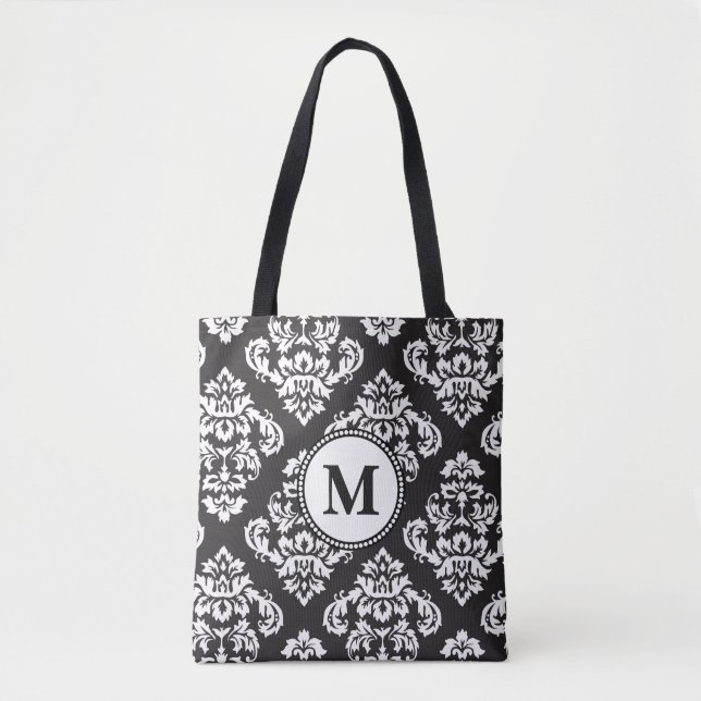 Tote Bag Monogramme Motif d'impression noir et blanc (Devant)