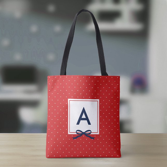 Tote Bag Monogramme motif pois rouges ruban bleu chic (Créateur téléchargé)