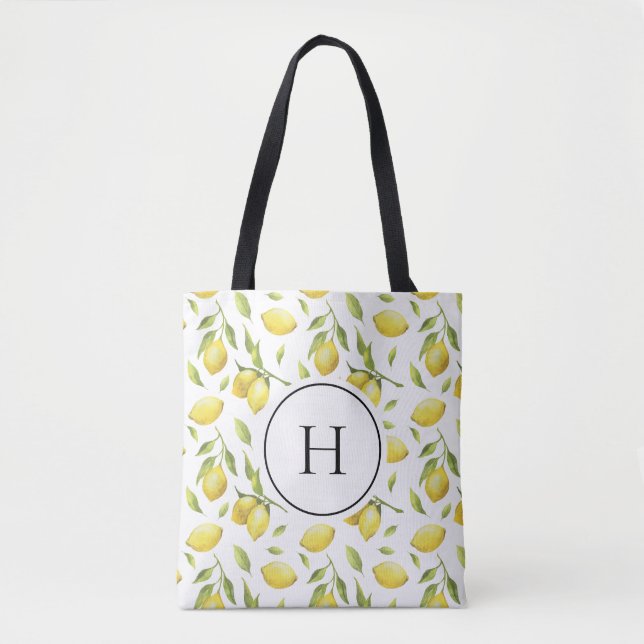 Tote Bag Monogramme Motif vintage citrons et verdure (Devant)