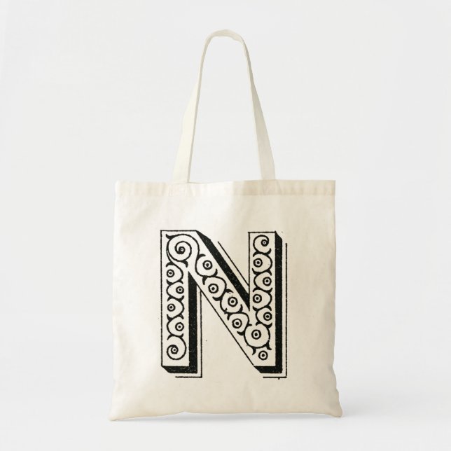 Tote Bag Monogramme N, lettre N, alphabet N, noir et blanc (Devant)