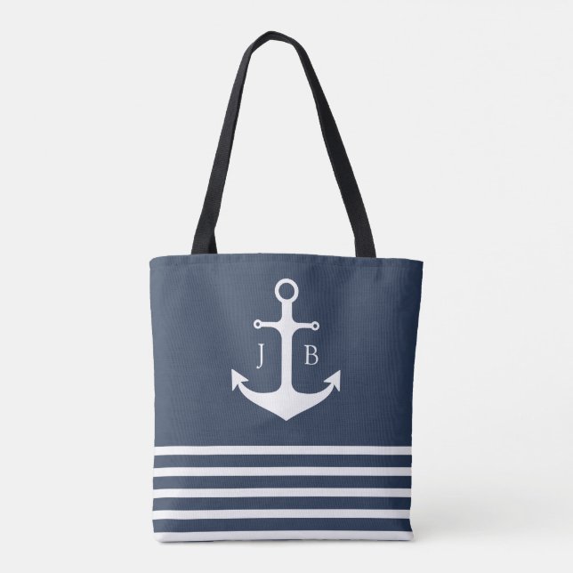 Tote Bag Monogramme nautique | Ancre Bleu Blancs (Dos)