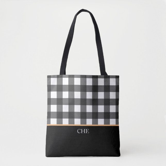 Tote Bag Monogramme noir blanc coché Plaid (Devant)