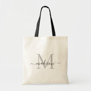 Tote Bag Monogramme Noir Blanc Élégant Nom Moderne Script