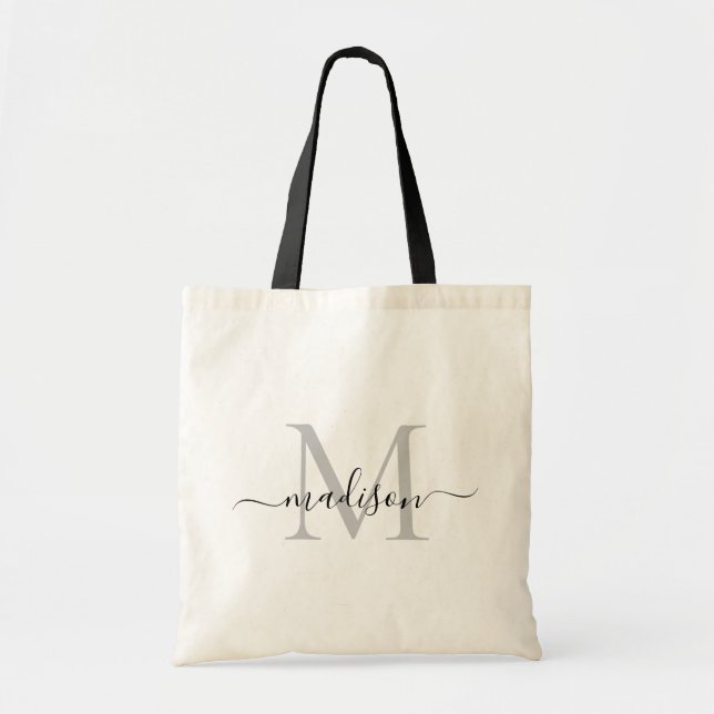 Tote Bag Monogramme Noir Blanc Élégant Nom Moderne Script (Devant)