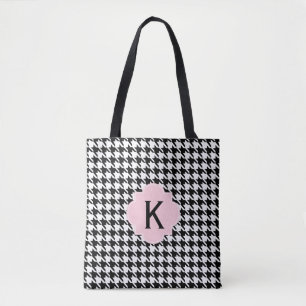 Tote Bag Monogramme Noir, Blanc et Pastel Rose Houndstooth