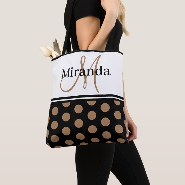 Tote Bag Monogramme noir blanc Polka Script (De près)