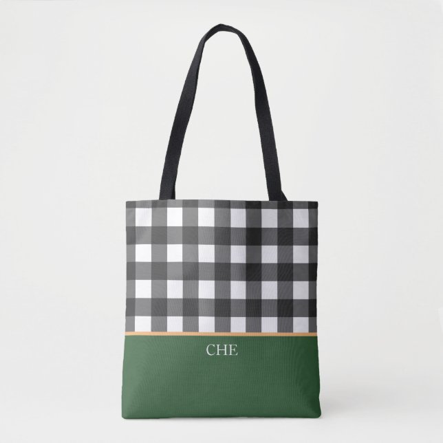 Tote Bag Monogramme noir blanc vert coché (Devant)