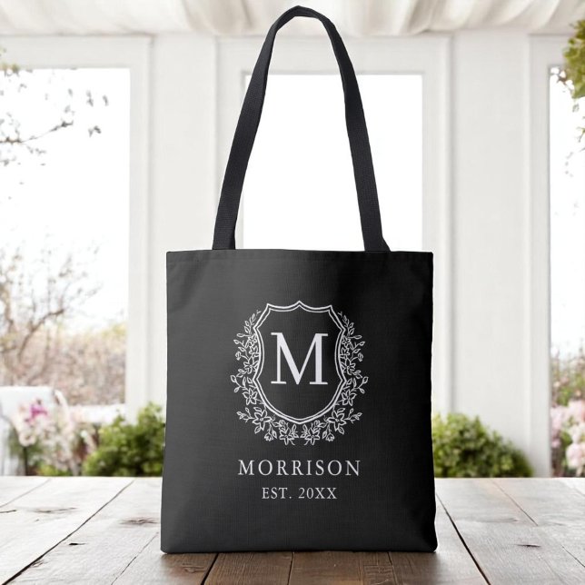 Tote Bag Monogramme Noir Crest Mariage botanique moderne (Créateur téléchargé)