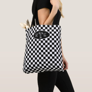 Tote Bag Monogramme noir et blanc à carreaux