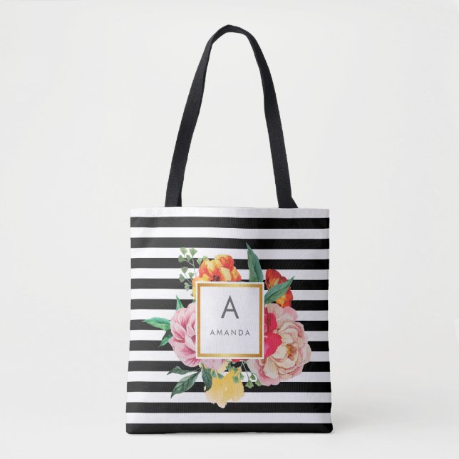 Tote Bag Monogramme noir et blanc Aquarelle Peony Flowers (Devant)