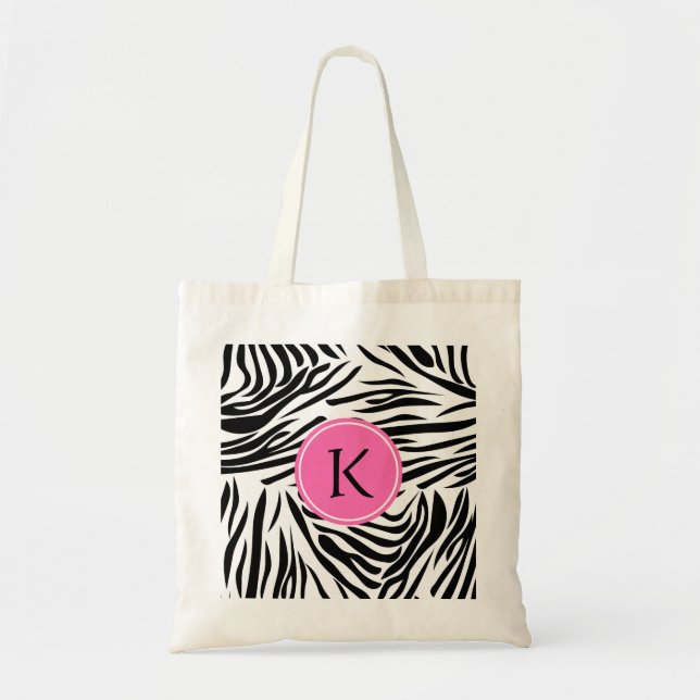 Tote Bag Monogramme noir et blanc Zèbre Impression avec ros (Devant)