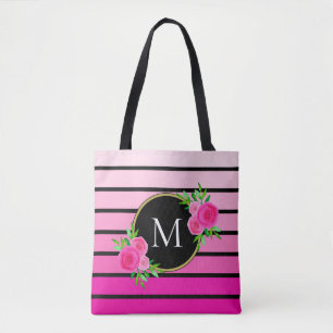 Tote Bag Monogramme noir floral rose Ombre Stripe