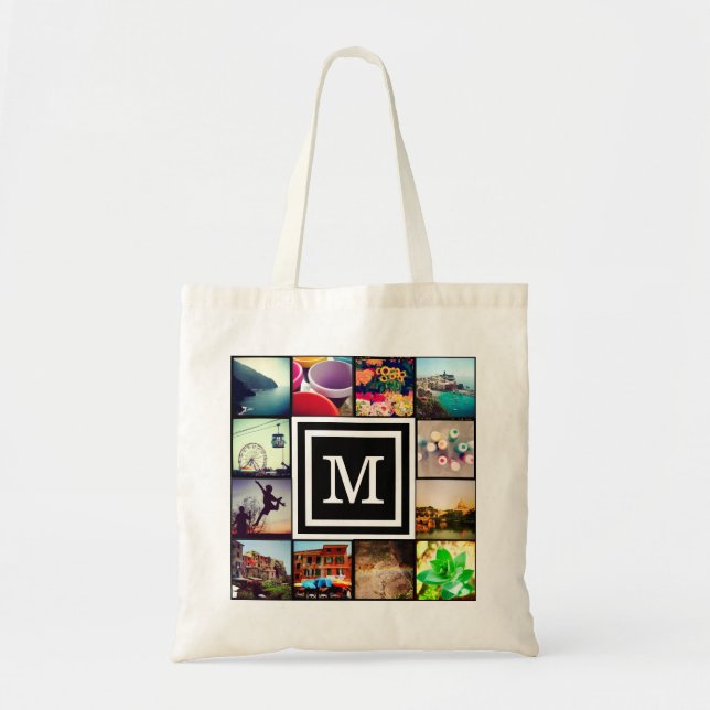 Tote Bag Monogramme noir Instagram Photo Collage (Devant)
