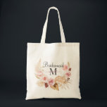 Tote Bag Monogramme noir rose Nom initial du script<br><div class="desc">Un sac fourre-tout cadeau moderne mignon,  avec le nom de la femme d'honneur en monogramme rose avec un laurier rose fleuri.</div>