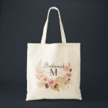 Tote Bag Monogramme noir rose Nom initial du script<br><div class="desc">Un sac fourre-tout cadeau moderne mignon,  avec le nom de la femme d'honneur en monogramme rose avec un laurier rose fleuri.</div>