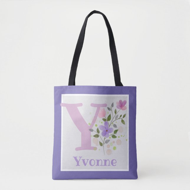 Tote Bag Monogramme & Nom avec Fleurs (Devant)