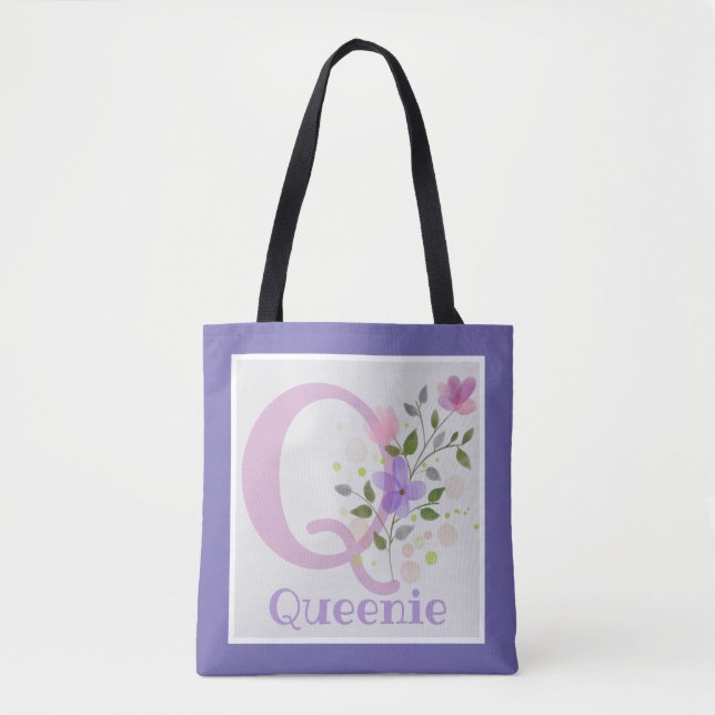 Tote Bag Monogramme & nom avec fleurs (Devant)