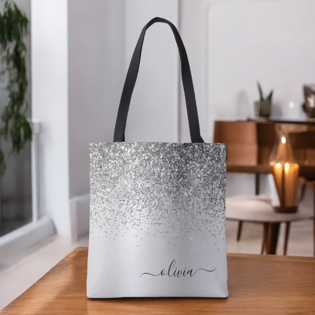 Tote Bag Monogramme Nom Luxe Pailleté Argent Féminin (Créateur téléchargé)