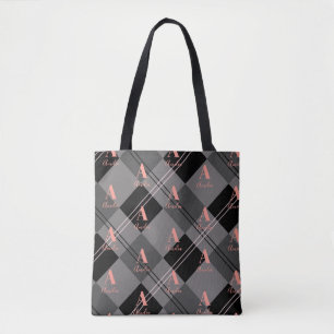 Tote Bag Monogramme Nom Plaid Motif gris rose noir