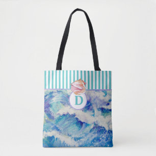 Tote Bag Monogramme Océan avec coquillage / bandes bleues F