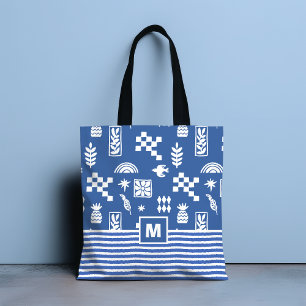 Tote Bag Monogramme Oiseau géométrique Abstrait Flore Bleu