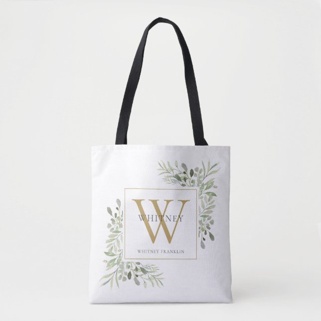 Tote Bag Monogramme Or Aquarelle Verdure Personnalisée (Devant)