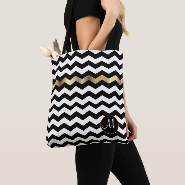 Tote Bag Monogramme Or, blanc et noir Chevron Design (De près)