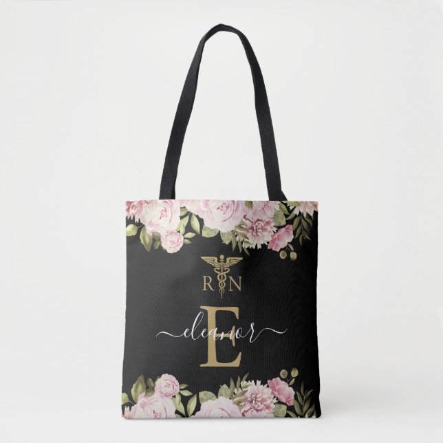 Tote Bag Monogramme Or Floral Infirmière inscrite T (Devant)
