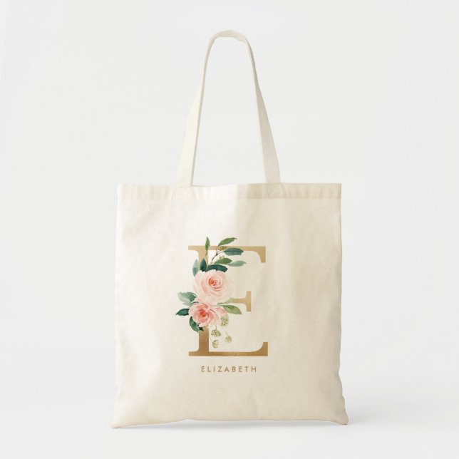 Tote Bag Monogramme Or Floral Lettre E Or Mariée (Devant)